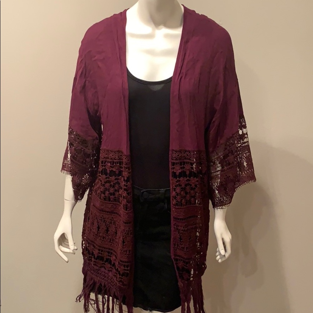 Rue21 Maroon Crochet Cardigan W/ Fringed Bottom: M